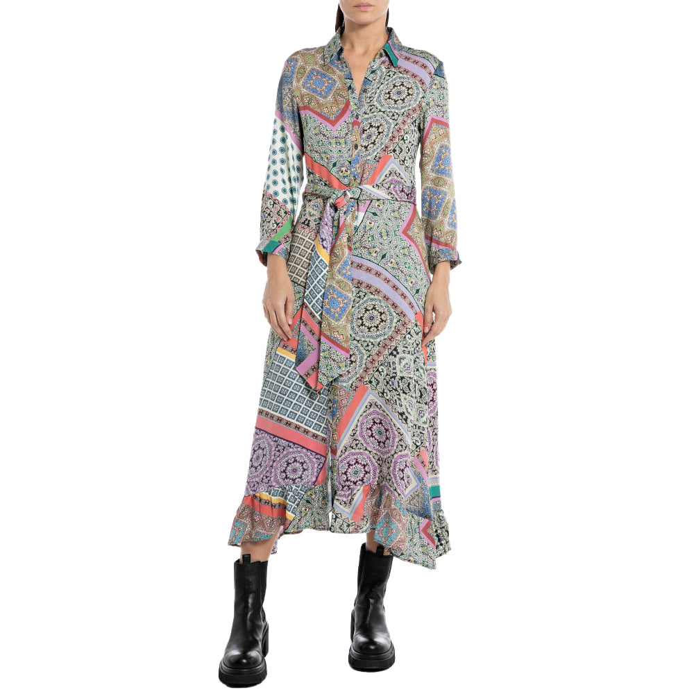 Replay Women's Long Dress All Over Printed Viscose Satin